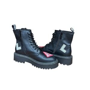 Karl Lagerfeld Paris Dixie Black Combat Boots Studded Patch Lug Sole Mens 9.5